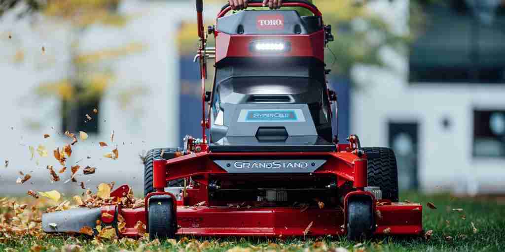 Toro grandstand revolution, a stand-on electric lawnmower