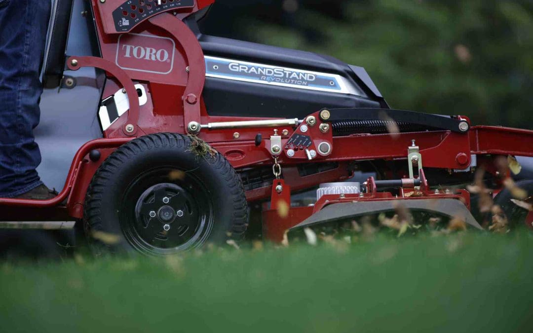Closeup of Toro Grandstand Rotary Mower in action