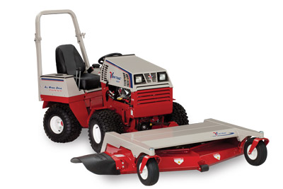 A studio shot of a compact tractor with an attachment